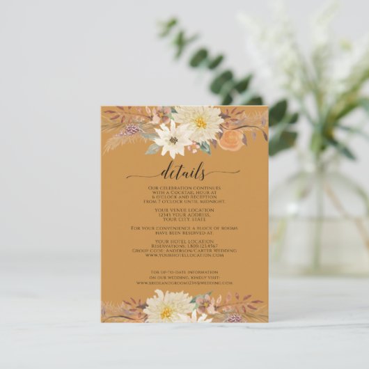 BOHO Herfst Floral Waterverf Organic Earthy Mustar Informatiekaartje (Staand voorkant)