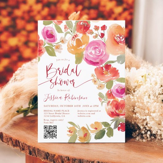 Boho Herfst floral waterverf QR vrijgezellenfeest Kaart