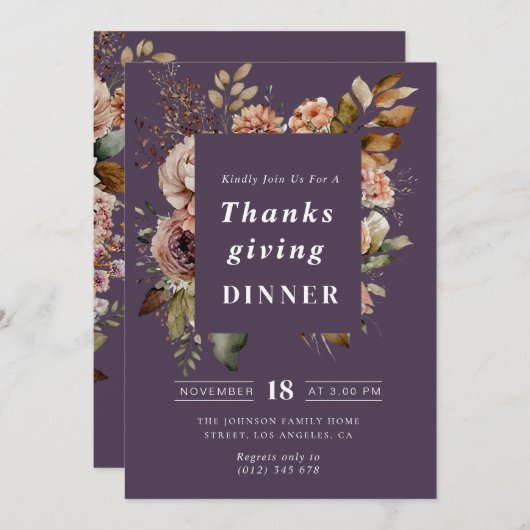 Boho herfst florale paarse Thanksgiving diner Kaart (Voorkant / Achterkant)