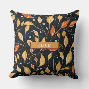 Boho Herfst Flowers Zwart Sinaasappel met Naam Kussen
