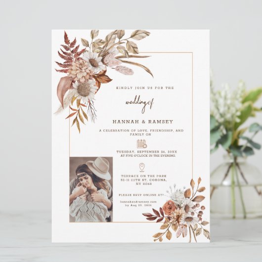 Boho herfst foto bruiloft uitnodiging. kaart (Staand voorkant)