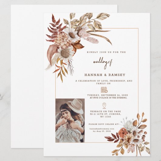 Boho herfst foto bruiloft uitnodiging. kaart (Voorkant / Achterkant)