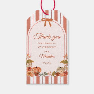 Boho Herfst Gestreepte Boog Pompoen 1e Verjaardag Cadeaulabel