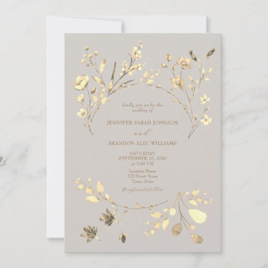 Boho Herfst Gold Wildflower Wedding Uitnodigen Kaart (Voorkant)