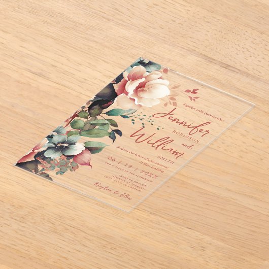 Boho Herfst Herfst Bloemen Trouwscript Typografie Acryl Uitnodigingen (Laagn)