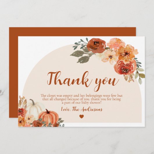 Boho Herfst Kleine Pompoen Herfst Bloemen Baby sho Bedankkaart (Voorkant / Achterkant)