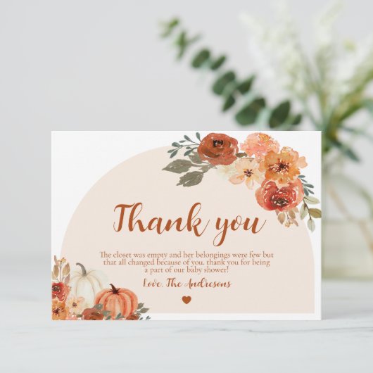 Boho Herfst Kleine Pompoen Herfst Bloemen Baby sho Bedankkaart (Staand voorkant)