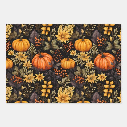 Boho Herfst met Zonnebloemen, Bloemen, en Pompoen Inpakpapier Vel (Voorkant)