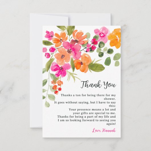 Boho herfst oranje bloemige waterverf bruidsdouche bedankkaart (Voorkant)