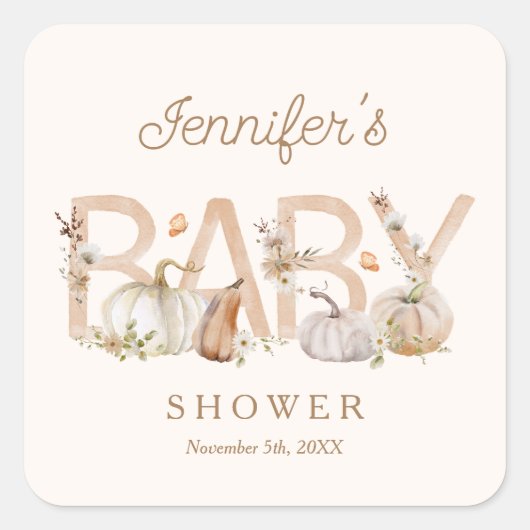 Boho Herfst pompoen Baby shower Vierkante Sticker (Voorkant)