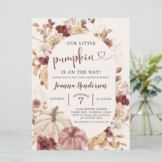Boho herfst pompoen bloem baby shower uitnodiging (Staand voorkant)