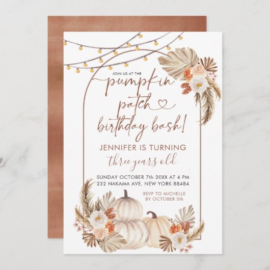 Boho herfst pompoen patch verjaardag bash uitnodig kaart (Voorkant / Achterkant)