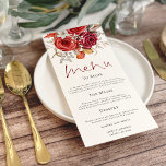 Boho herfst rood Sinaasappel bloemen bruiloft Menu<br><div class="desc">Boho herfst rood Sinaasappel bloemen bruiloft. Herfst gekleurde bloemblaadjes grenzen aan de bovenkant,  met een elegant script voor Menu en gemakkelijk te personaliseren de rest van de tekst aan uw wensen.</div>