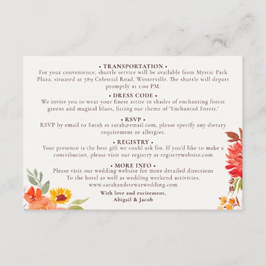 Boho herfst rustiek geschilderd bloemenbruiloft de informatiekaartje (Achterkant)