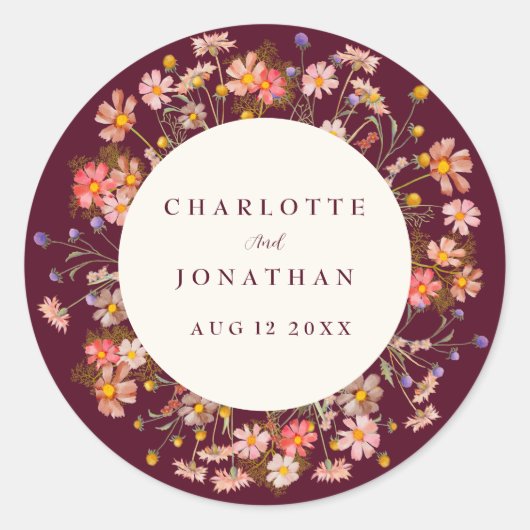 Boho Herfst Rustiek Wildflower Bloemen Huwelijk Ronde Sticker (Voorkant)