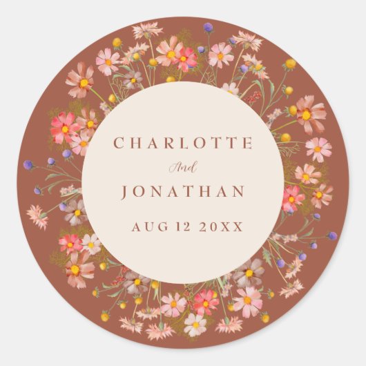 Boho Herfst Rustiek Wildflower Bloemen Huwelijk Ronde Sticker (Voorkant)