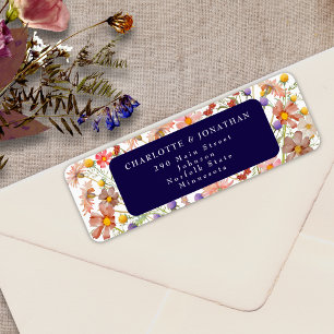 Boho Herfst Rustieke Bloemen Navy Blauw Wit Huweli Etiket