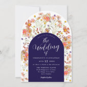 Boho Herfst Rustieke Bloemenboog Navy Blue Wedding Kaart (Voorkant)