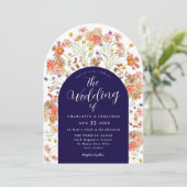 Boho Herfst Rustieke Bloemenboog Navy Blue Wedding Kaart (Staand voorkant)