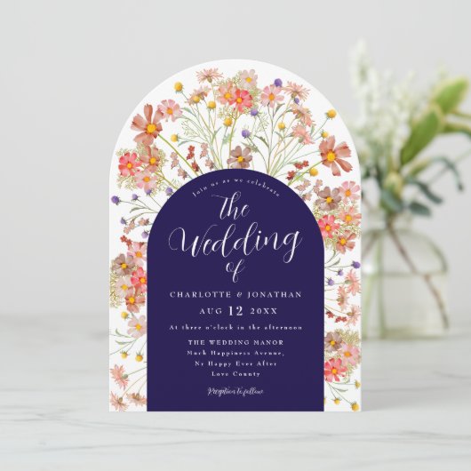 Boho Herfst Rustieke Bloemenboog Navy Blue Wedding Kaart (Staand voorkant)