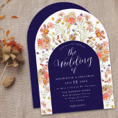 Boho Herfst Rustieke Bloemenboog Navy Blue Wedding Kaart