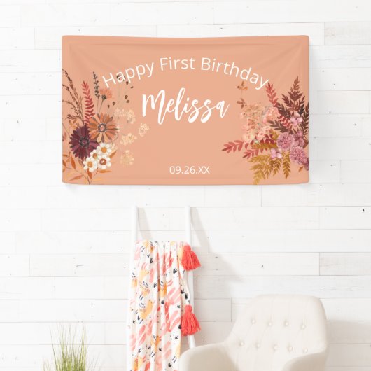 Boho Herfst rustieke Bourgogne Happy First Birthda Spandoek (Insitu)