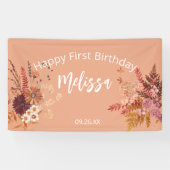 Boho Herfst rustieke Bourgogne Happy First Birthda Spandoek (Horizontaal)