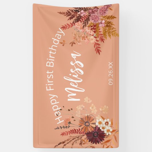 Boho Herfst rustieke Bourgogne Happy First Birthda Spandoek (Verticaal)