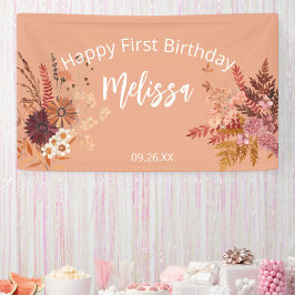 Boho Herfst rustieke Bourgogne Happy First Birthda Spandoek