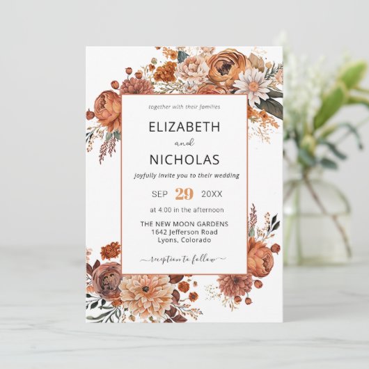 Boho Herfst Terracotta Floral bruiloft uitnodiging (Staand voorkant)