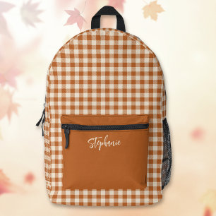 Boho Herfst Verbrand Oranje Gingham Plaid Aangepas Bedrukte Rugzak