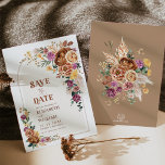 Boho Herfst verbrand Oranje Paars Floral Save the<br><div class="desc">Een mooie,  door hemiërs geïnspireerde bruiloft bespaart de datum met rotsachtige waterverf bloemen,  pampas gras en luiftige tropische groenery in combinatie met moderne typografie. Pas uw eigen formulering aan! Als u de doopvontstijl,  de kleur of de tekstplaatsing wilt veranderen,  eenvoudig klik "aanpassen verder"knoop.</div>