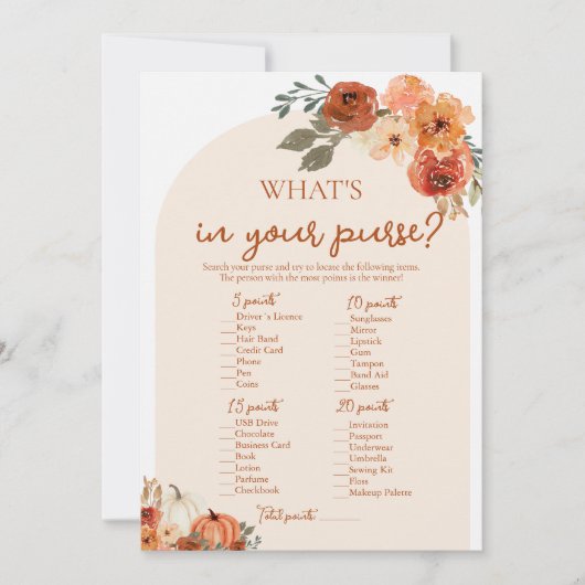 Boho Herfst Wat Zit Er In Je Tas Bruidsfeest Spel Kaart (Voorkant)