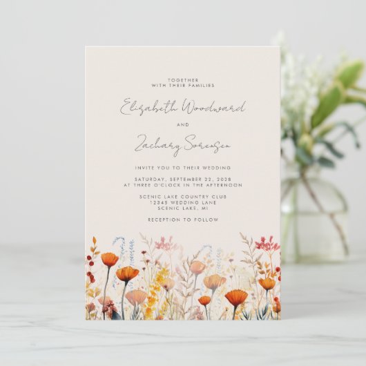 Boho Herfst Wildbloemen Waterverf Bloemen Bruiloft Kaart (Staand voorkant)