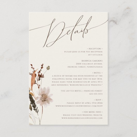 Boho Herfst Wilde Bloem | Beige Details Informatiekaartje (Voorkant)