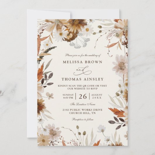 Boho herfst wilde bloem beige QR-code bruiloft Kaart (Voorkant)