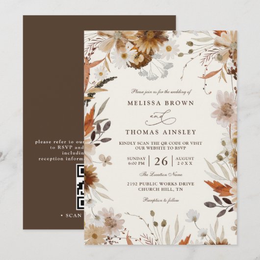 Boho herfst wilde bloem beige QR-code bruiloft Kaart (Voorkant / Achterkant)