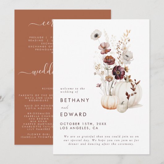Boho Herfst Wilde Bloem Pompoen Trouwdag Programmakaart (Voorkant / Achterkant)