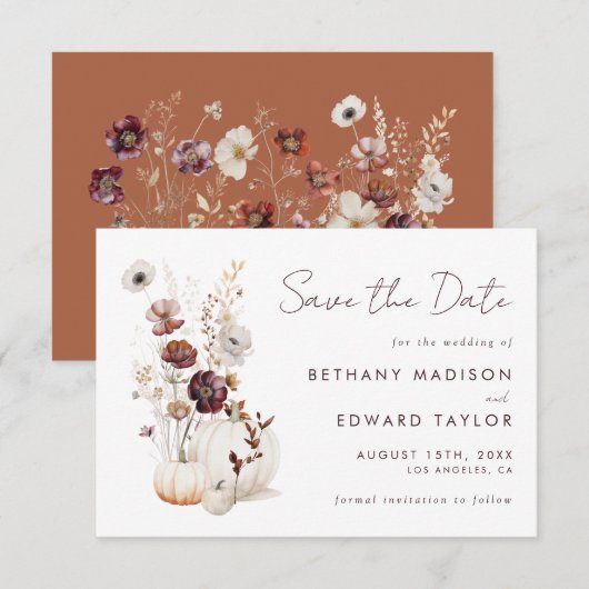 Boho Herfst Wilde Bloem Pompoen Trouwdag Save The Date (Voorkant / Achterkant)