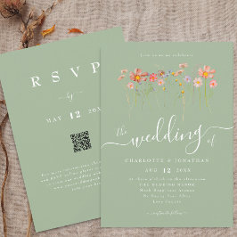 Boho Herfst Wilde Bloem Salie Groen QR code Trouwe Kaart