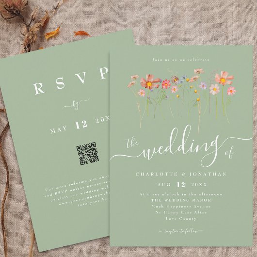 Boho Herfst Wilde Bloem Salie Groen QR code Trouwe Kaart