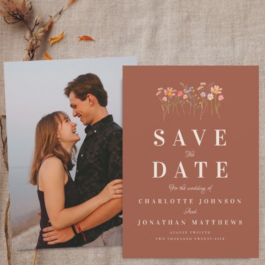 Boho Herfst Wilde Bloem Terracotta Foto Bruiloft Save The Date