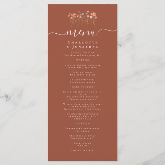 Boho Herfst Wilde Bloem Terracotta Roest Bruiloft Menu (Voorkant)
