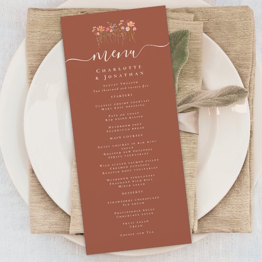 Boho Herfst Wilde Bloem Terracotta Roest Bruiloft Menu