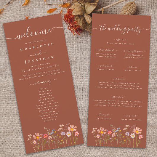 Boho Herfst Wilde Bloem Terracotta Trouwceremonie Menu