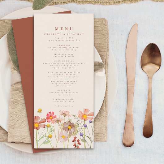 Boho Herfst Wilde Bloemen Bloemstuk Beige Trouwfee Menu
