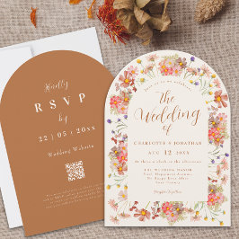 Boho Herfst Wilde Bloemen Boog Terracotta Trouwfee Kaart