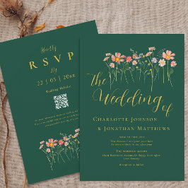 Boho Herfst Wilde Bloemen Groen Goud QR Code Trouw Kaart