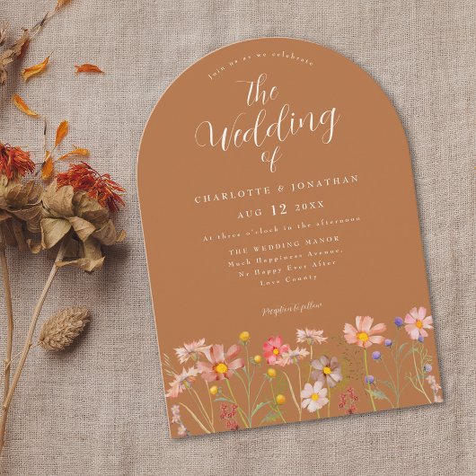Boho Herfst Wilde Bloemen Terracotta Bruiloft Kaart