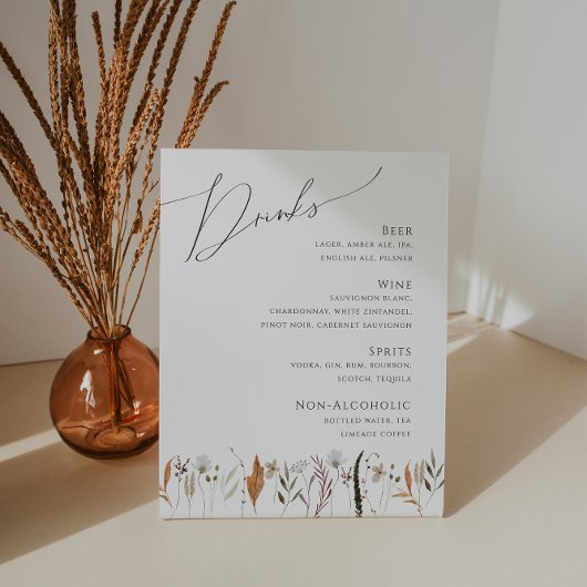 Boho Herfst Wilde Bloemen | Trouw Dranken Menu Reclamebord Met Voetstuk